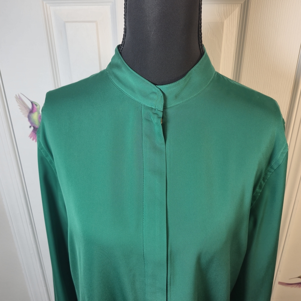 Lauren Ralph Lauren Emerald Green Satin Blouse Band Collar Half Zip Officecore L - Picture 7 of 9